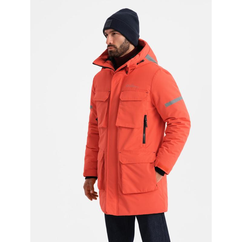 Férfi hosszú szigetelt kabát fényvisszaverő elemekkel - narancssárga V1