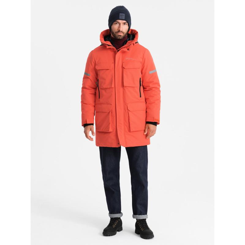 Férfi hosszú szigetelt kabát fényvisszaverő elemekkel - narancssárga V1