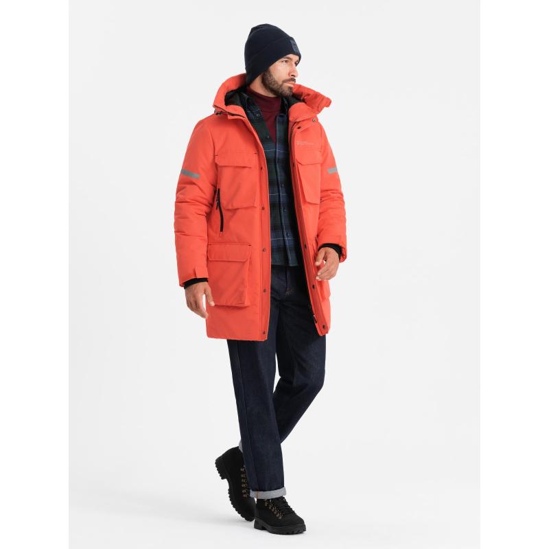 Férfi hosszú szigetelt kabát fényvisszaverő elemekkel - narancssárga V1