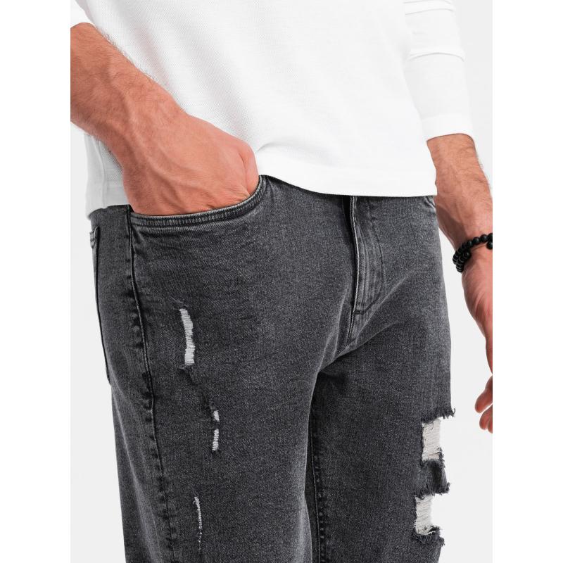 Pratelné pánské džínové kalhoty TAPER FIT s odřenými nohavicemi - grafitové