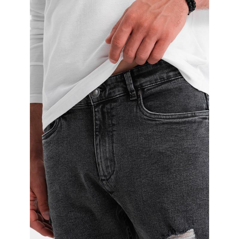 Pratelné pánské džínové kalhoty TAPER FIT s odřenými nohavicemi - grafitové