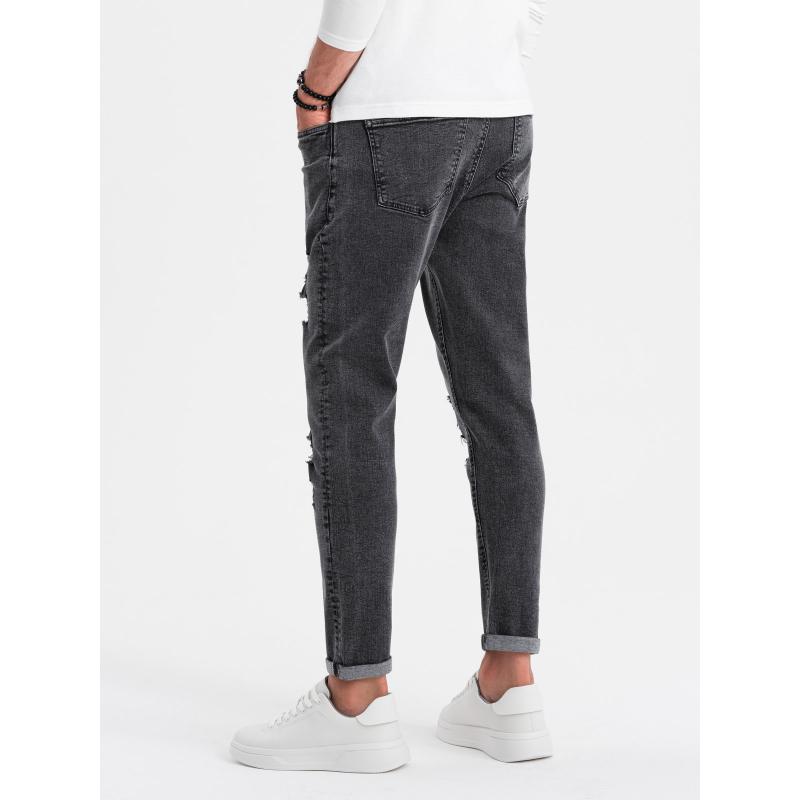 Pratelné pánské džínové kalhoty TAPER FIT s odřenými nohavicemi - grafitové