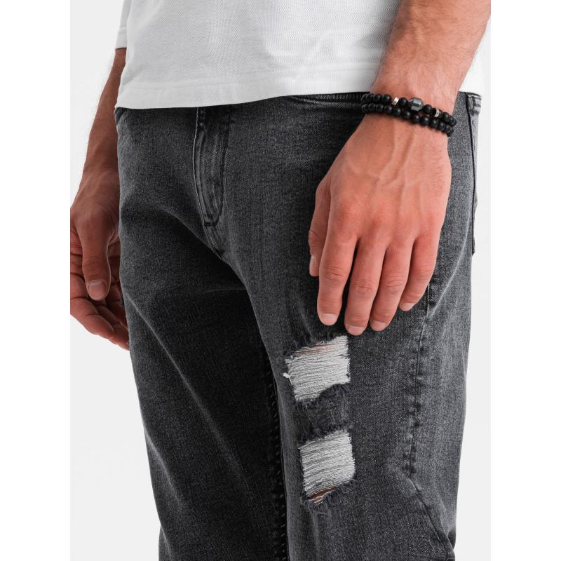 Pratelné pánské džínové kalhoty TAPER FIT s odřenými nohavicemi - grafitové