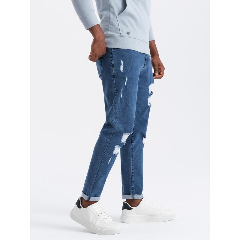 Mosható férfi TAPER FIT farmer nadrág kopottas lábakkal - kék
