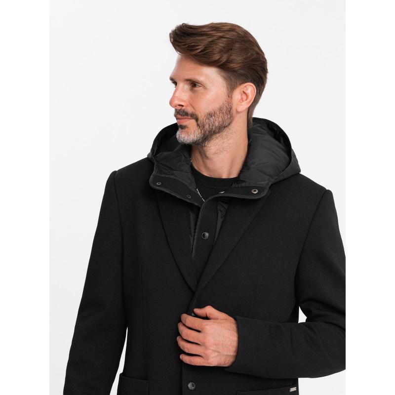 Férfi kabát magas gallérral és kapucnival - fekete