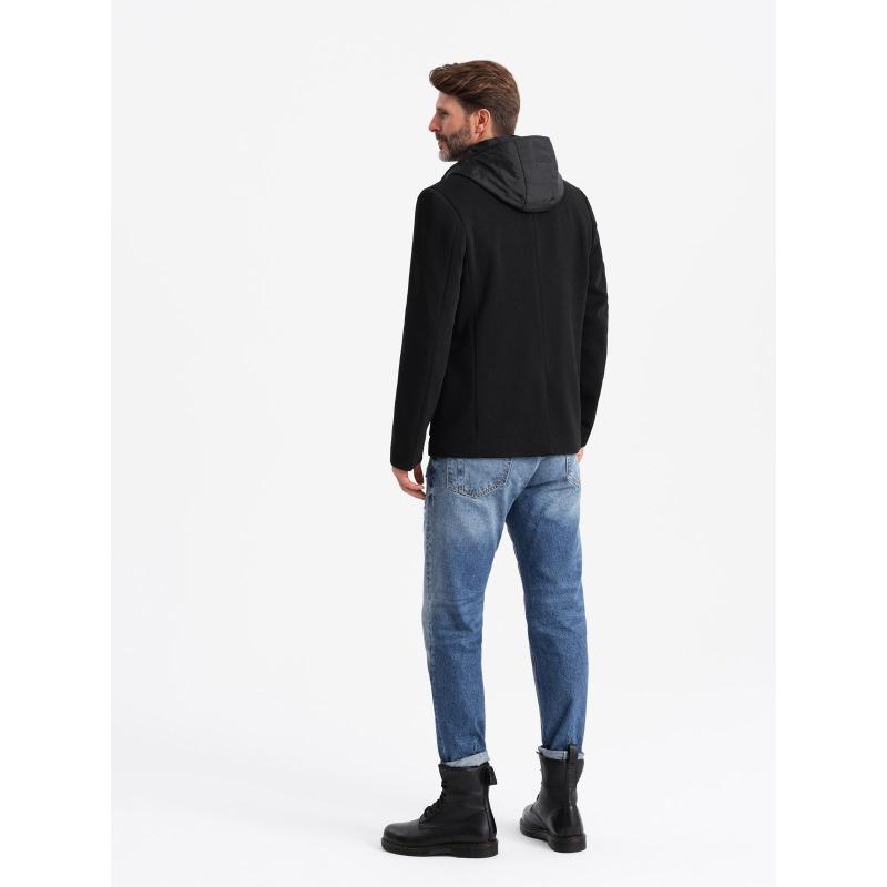 Férfi kabát magas gallérral és kapucnival - fekete