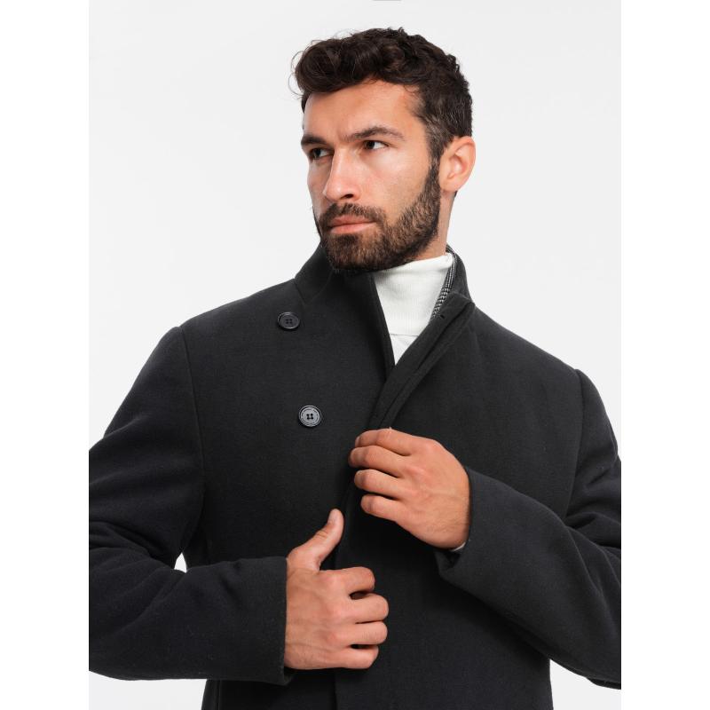 Pánský kabát s vysokým límcem a asymetrickým zapínáním - černý