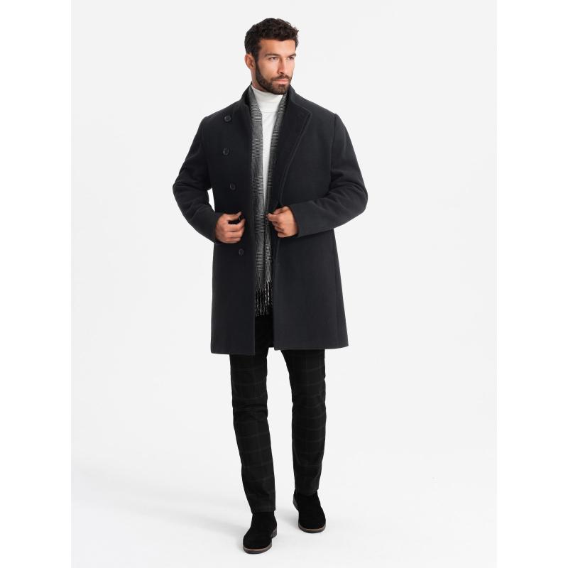 Pánský kabát s vysokým límcem a asymetrickým zapínáním - černý