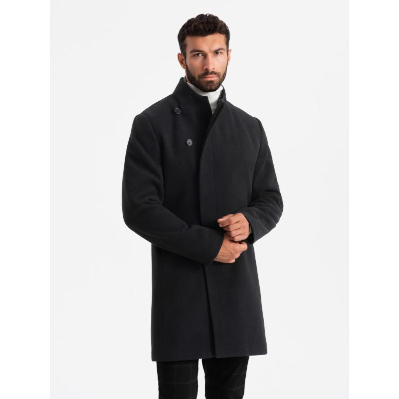 Pánský kabát s vysokým límcem a asymetrickým zapínáním - černý