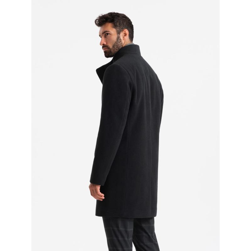 Pánský kabát s vysokým límcem a asymetrickým zapínáním - černý
