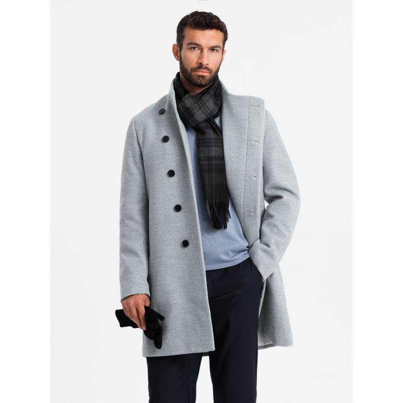 Pánský kabát s vysokým límcem a asymetrickým zapínáním - šedý melír