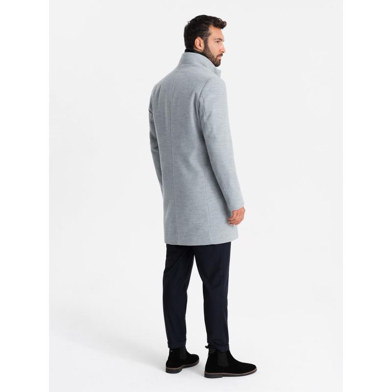 Pánský kabát s vysokým límcem a asymetrickým zapínáním - šedý melír