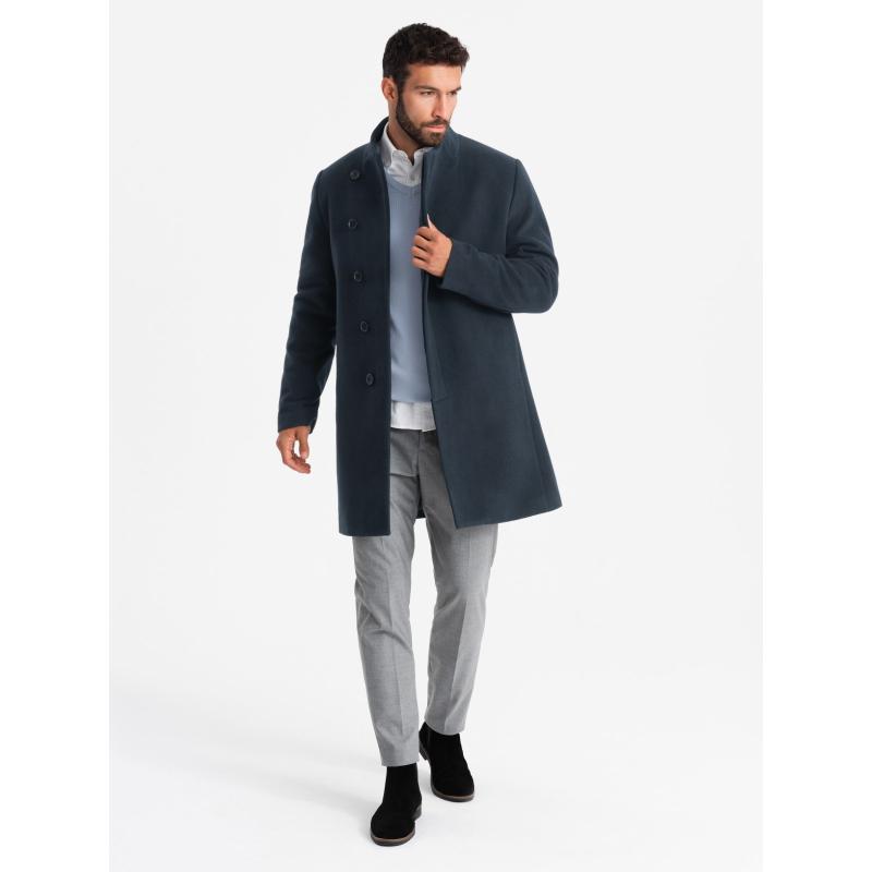 Pánský kabát s asymetrickým zapínáním a vysokým límcem - tmavě modrý