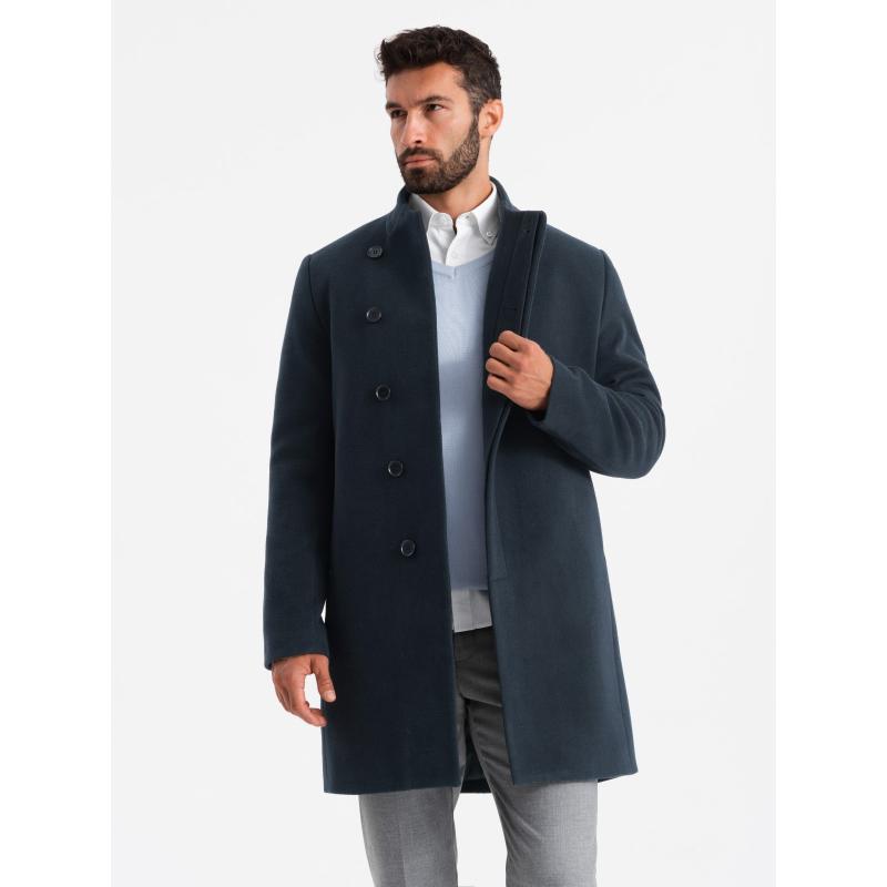 Pánský kabát s asymetrickým zapínáním a vysokým límcem - tmavě modrý