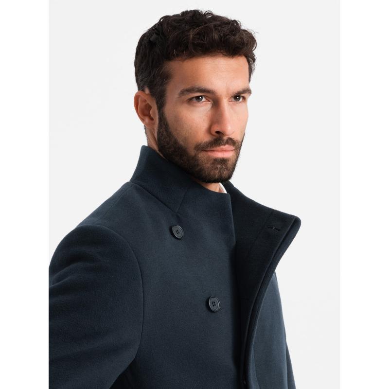 Pánský kabát s asymetrickým zapínáním a vysokým límcem - tmavě modrý