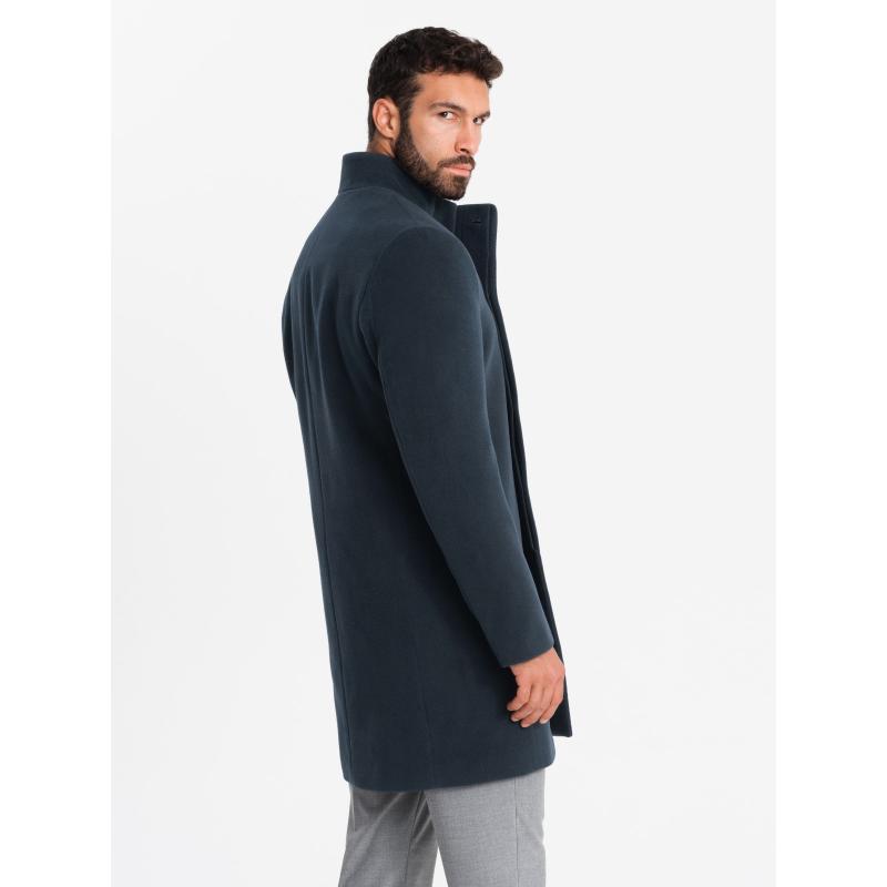 Pánský kabát s asymetrickým zapínáním a vysokým límcem - tmavě modrý