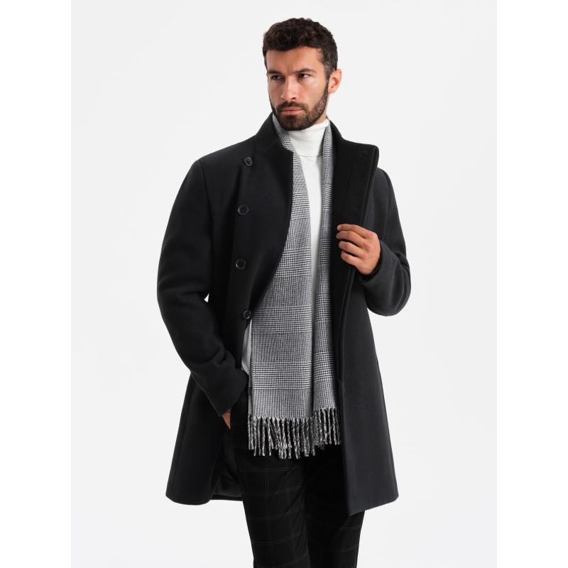 Kétoldalas férfi kockás sál bojtokkal - fekete-fehér