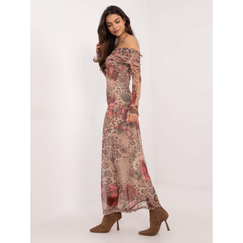 Bézs színű, hálós, nyomtatott, paszományozott ruha