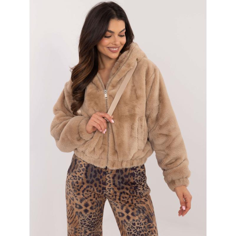 Béžová krátka bunda z umelej kožušiny z viskózy