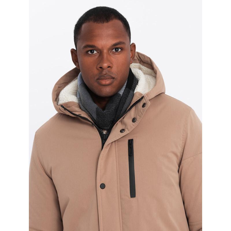 Férfi klasszikus hosszú parka dzseki sherpa - bézs V1