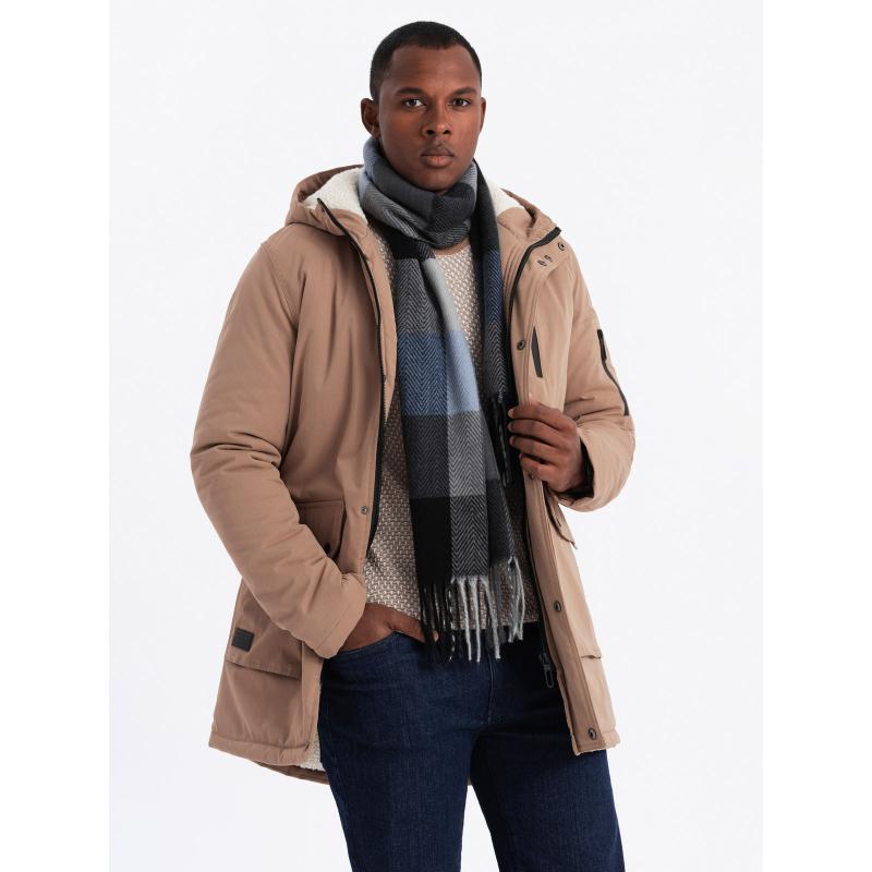 Férfi klasszikus hosszú parka dzseki sherpa - bézs V1