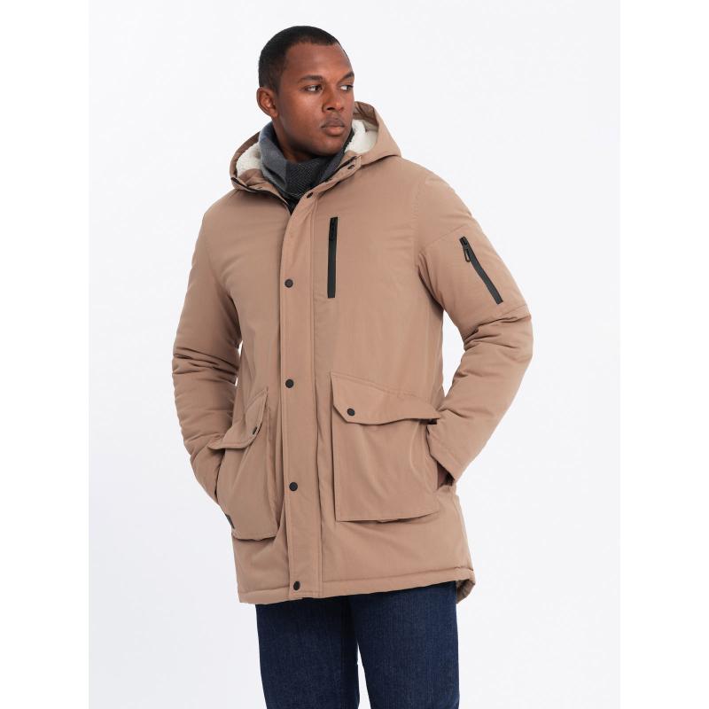 Férfi klasszikus hosszú parka dzseki sherpa - bézs V1