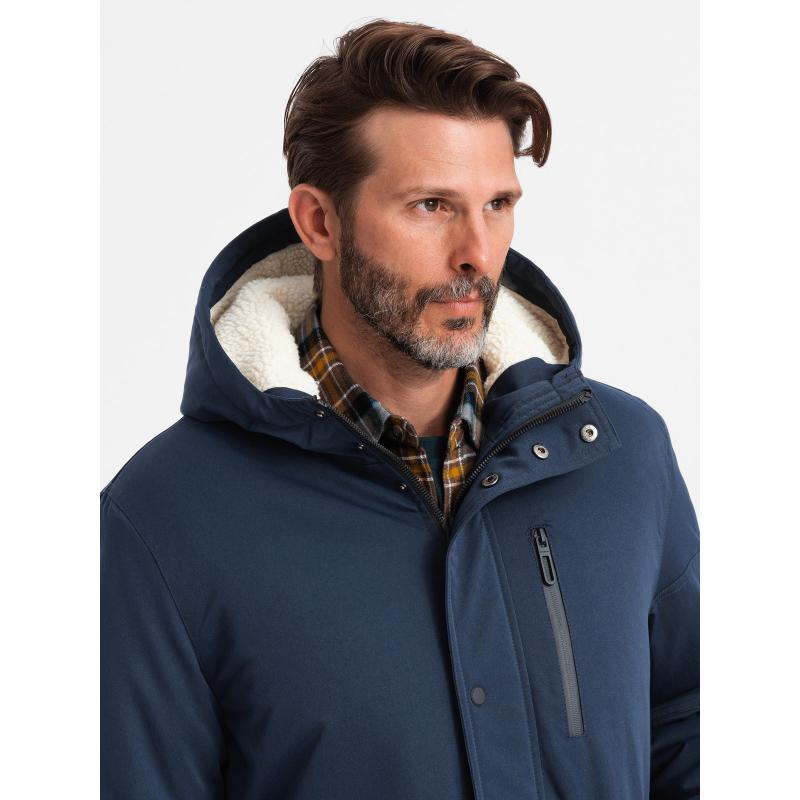 Férfi hosszú parka dzseki sherpa - sötétkék V2