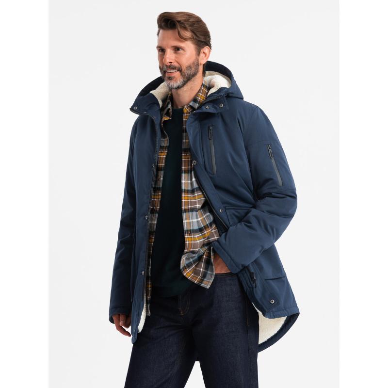 Férfi hosszú parka dzseki sherpa - sötétkék V2