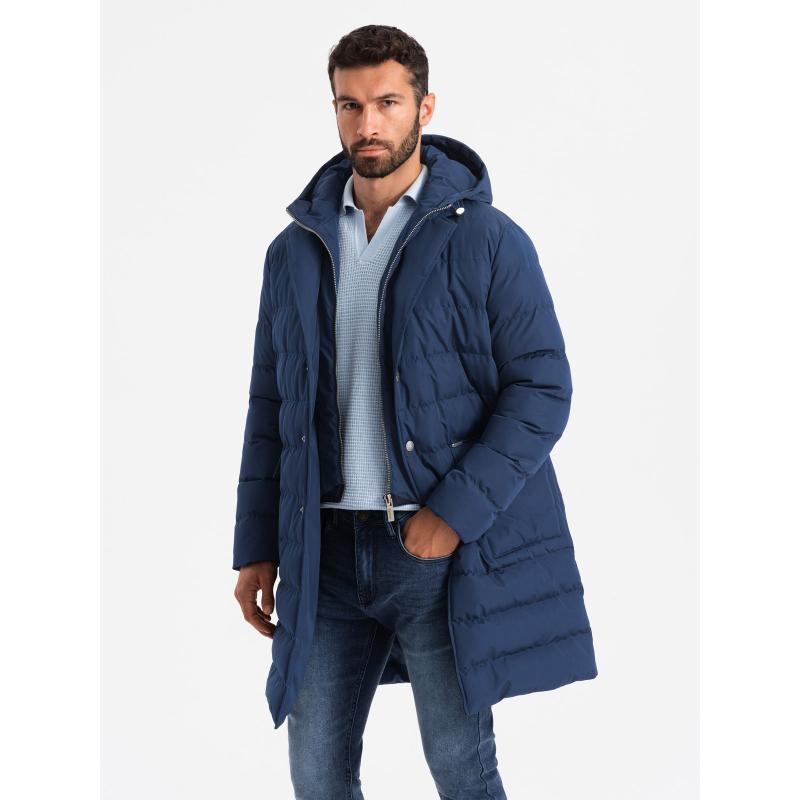 Pánská dlouhá prošívaná bunda s klopami a podšívkou - tmavě modrá V1