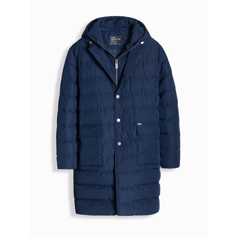 Pánská dlouhá prošívaná bunda s klopami a podšívkou - tmavě modrá V1