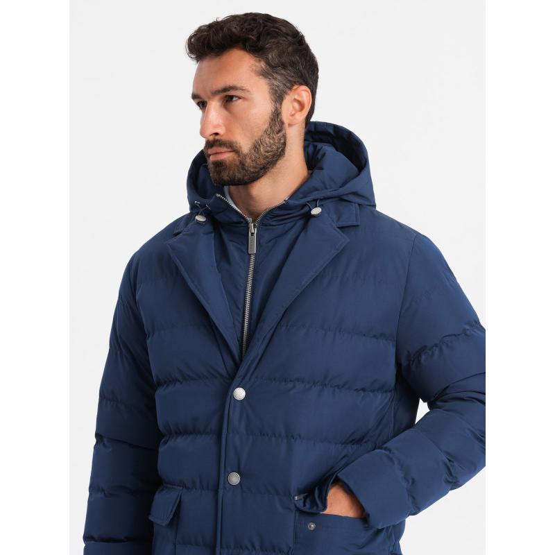 Pánská dlouhá prošívaná bunda s klopami a podšívkou - tmavě modrá V1