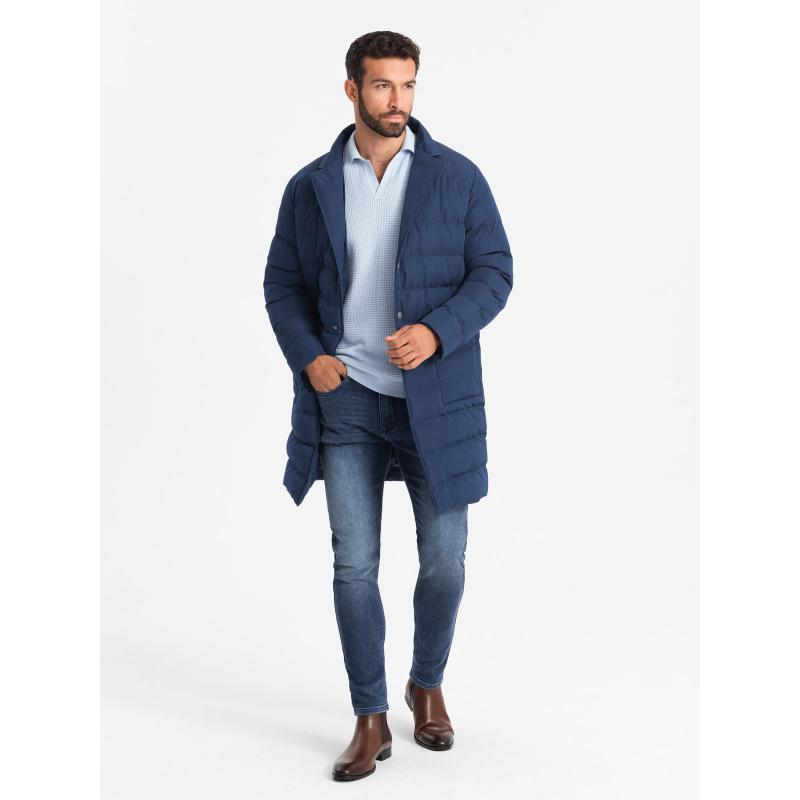 Pánská dlouhá prošívaná bunda s klopami a podšívkou - tmavě modrá V1