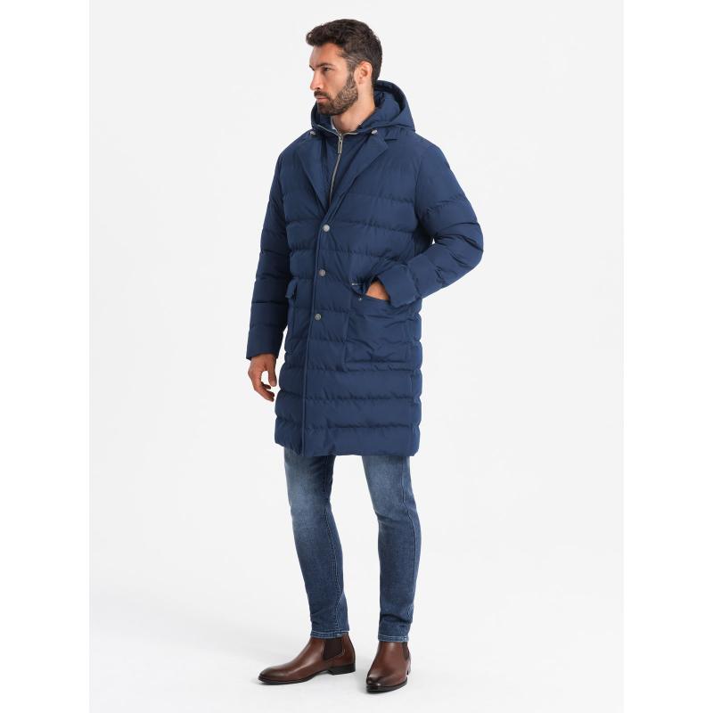 Pánská dlouhá prošívaná bunda s klopami a podšívkou - tmavě modrá V1