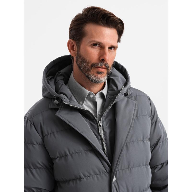 Pánská dlouhá prošívaná bunda s klopami a podšívkou - grafitová V2