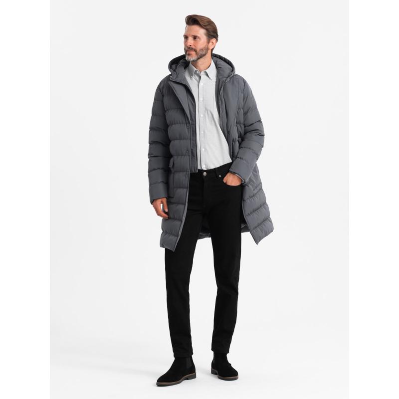 Pánská dlouhá prošívaná bunda s klopami a podšívkou - grafitová V2