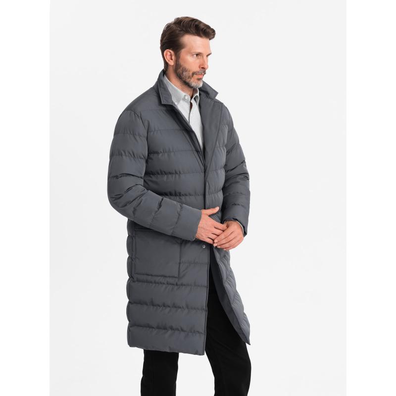 Pánská dlouhá prošívaná bunda s klopami a podšívkou - grafitová V2