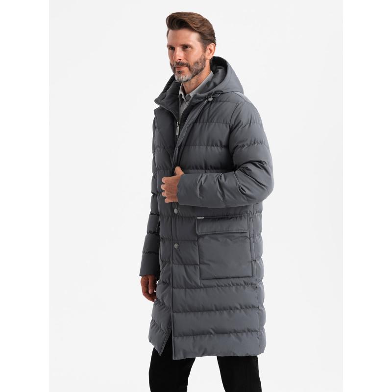 Pánská dlouhá prošívaná bunda s klopami a podšívkou - grafitová V2