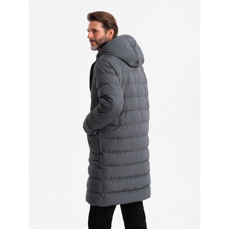 Pánská dlouhá prošívaná bunda s klopami a podšívkou - grafitová V2