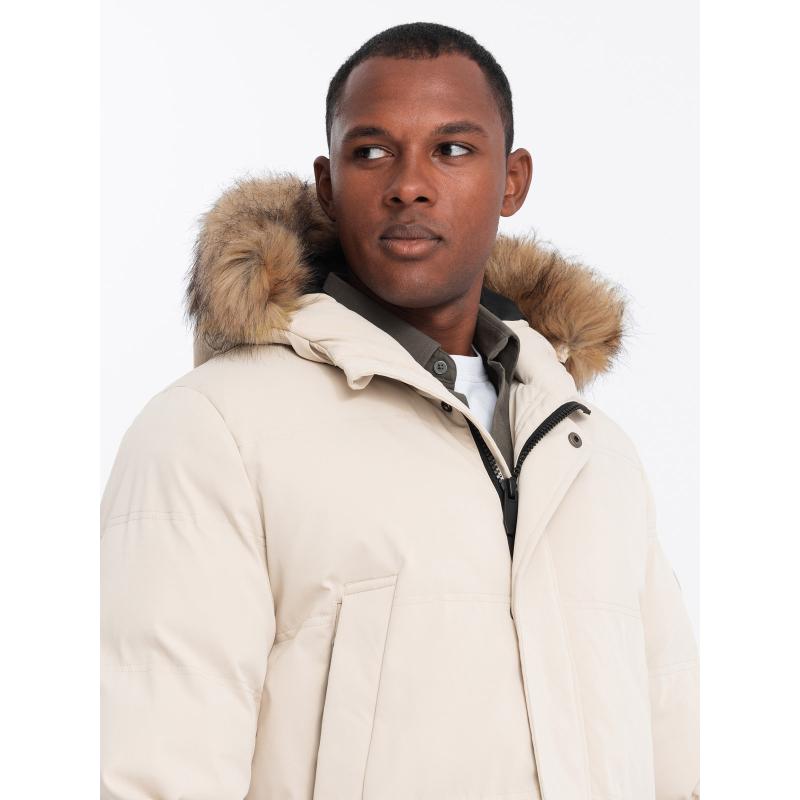 Pánská dlouhá bunda parka s rozšířenou spodní částí - krémová V1