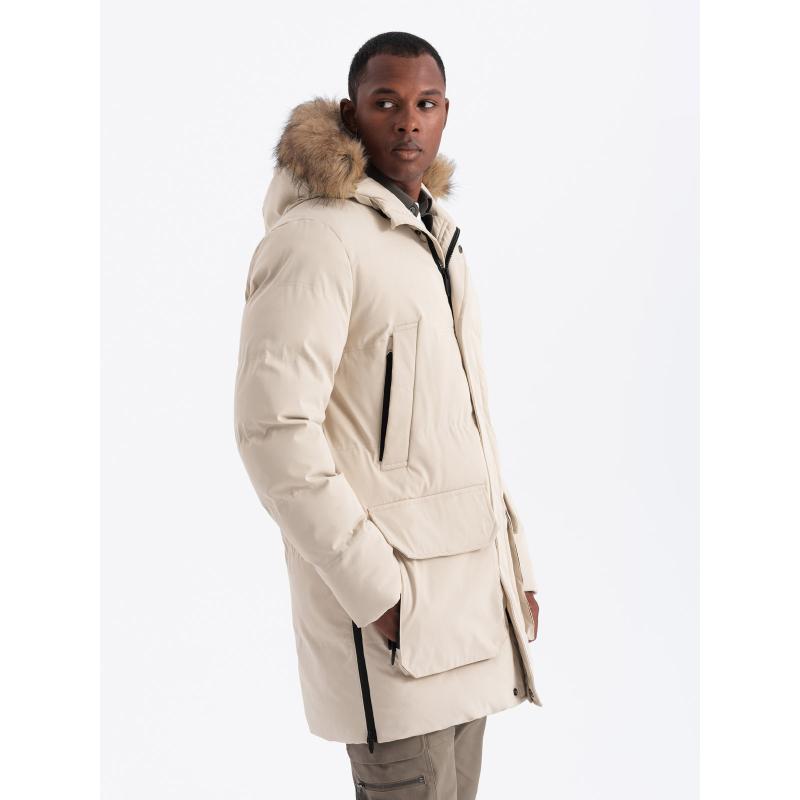 Pánská dlouhá bunda parka s rozšířenou spodní částí - krémová V1