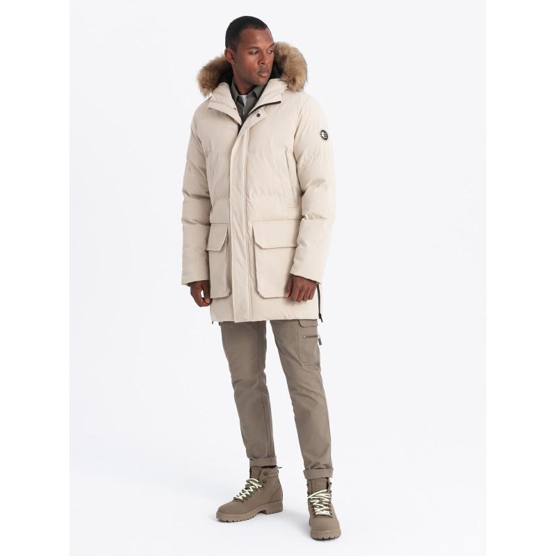Pánská dlouhá bunda parka s rozšířenou spodní částí - krémová V1