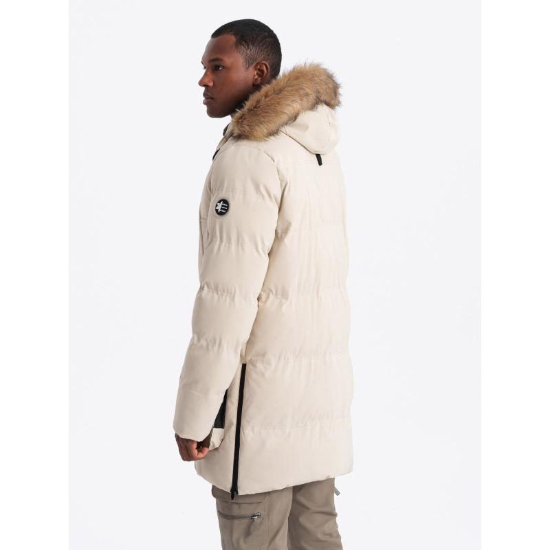 Pánská dlouhá bunda parka s rozšířenou spodní částí - krémová V1