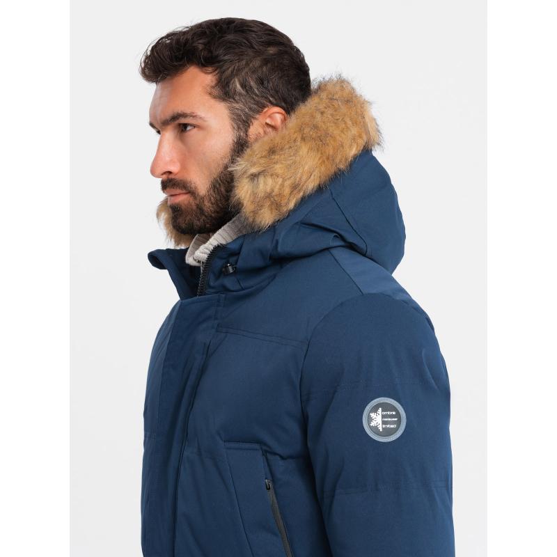 Férfi hosszú parka dzseki felhajtott szegéllyel - sötétkék V5