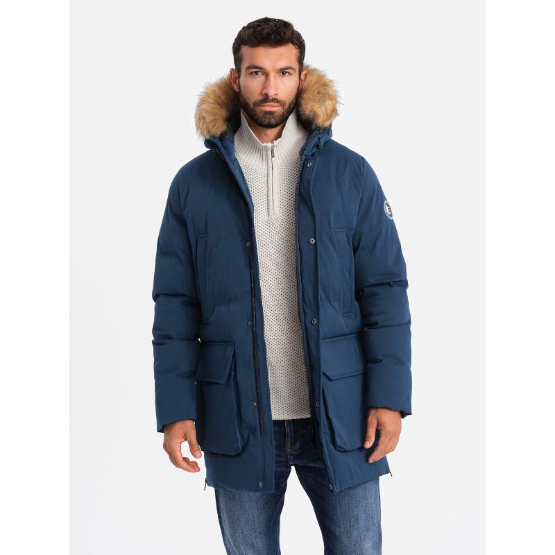 Férfi hosszú parka dzseki felhajtott szegéllyel - sötétkék V5