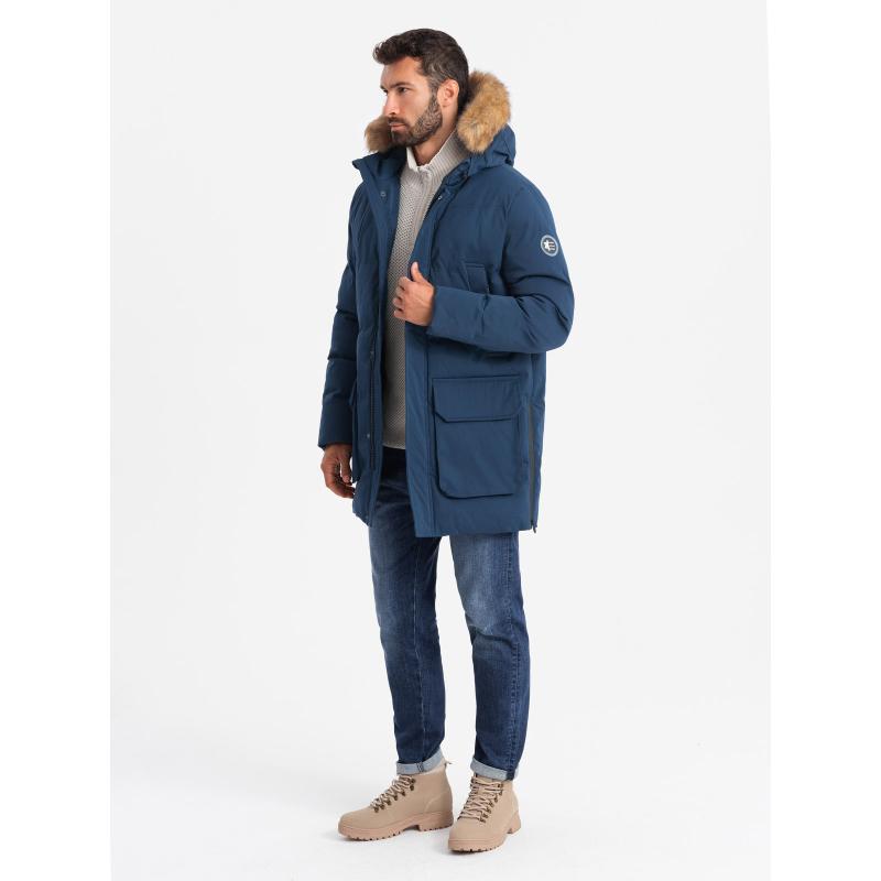 Férfi hosszú parka dzseki felhajtott szegéllyel - sötétkék V5