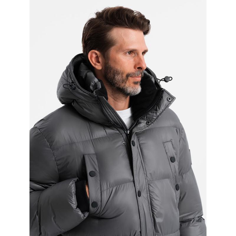 Pánská dlouhá péřová bunda s kapsami na patentky - grafitová V1
