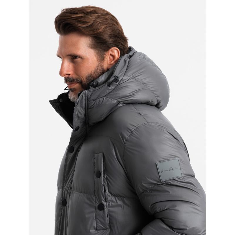 Pánská dlouhá péřová bunda s kapsami na patentky - grafitová V1