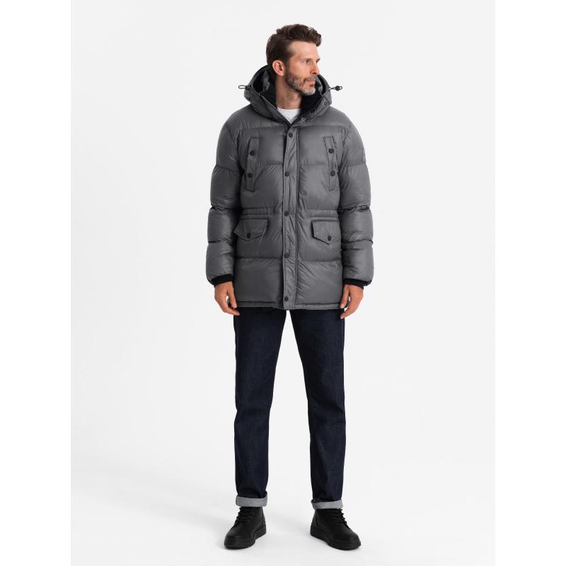 Pánská dlouhá péřová bunda s kapsami na patentky - grafitová V1
