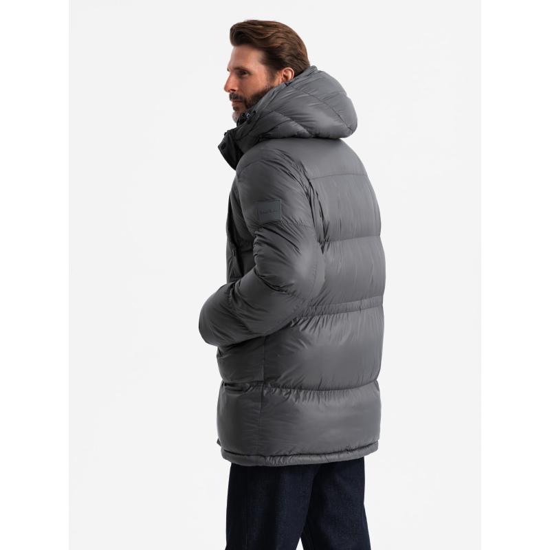Pánská dlouhá péřová bunda s kapsami na patentky - grafitová V1