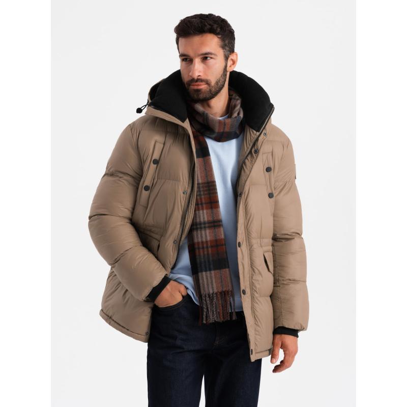 Pánská dlouhá péřová bunda s kapsami na patentky - hnědá V2